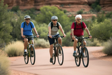 Senior friends enjoying ride on bicycle in outdoors. Generative AIの素材