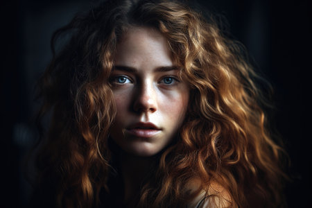 Gorgeous red hair girl portrait over dark background. Generative AIの素材