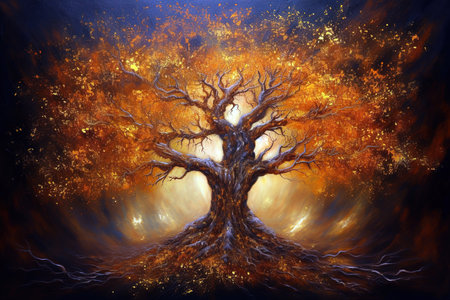 Illustration of tree of fire and light. Concept design. Generative AIの素材