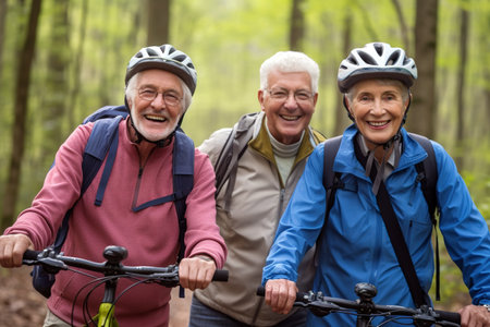 Cheerful senior people enjoying bike ride in the forest. Generative AIの素材