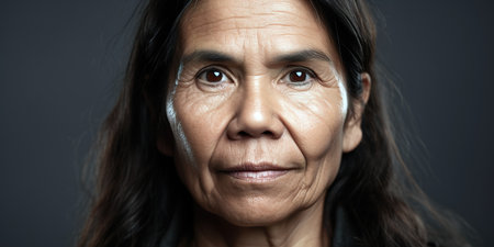 Head shot portrait of mature Latin American woman. Close up, studio shot. Real people concept. Generative AIの素材