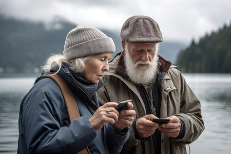 Senior couple looking at the smart phones in the lake during their vacations. Generative AIの素材