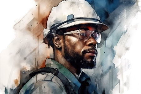 Watercolor portrait of African American engineer wearing hard hat and protective glasses. Generative AIの素材