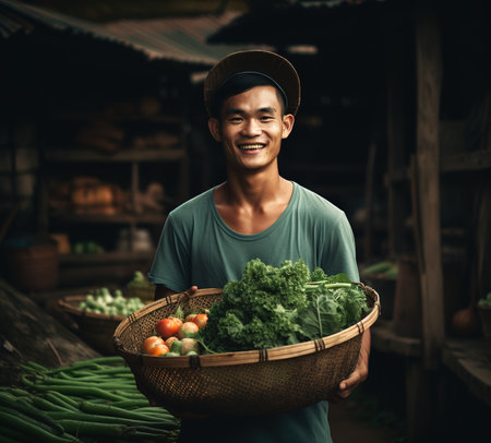 South Asian young man holding fresh basket full of vegetables. Generative AIの素材