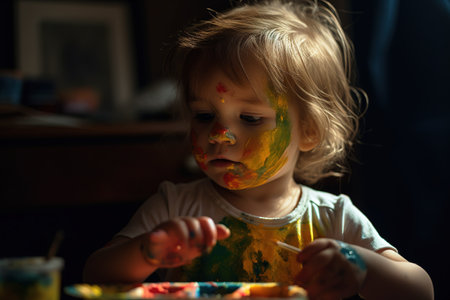 Toddler playing with paint at home. Childhood activities concept. Generative AIの素材