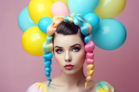 Beautiful young woman with colorful pigtails and balloons in pastel colors. Pink background studio shot. Generative AIの素材