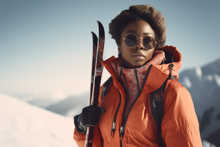 African American woman holding her skis while standing on snowy peak mountain. Generative AIの素材