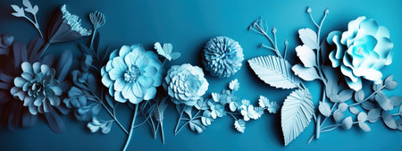 Papercut blue flowers over blue background. Generative AIの素材