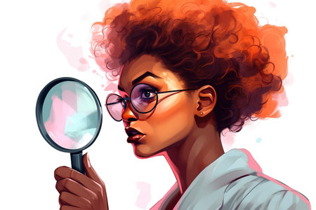 Illustration of African American scientist searching. White background banner. Generative AIの素材