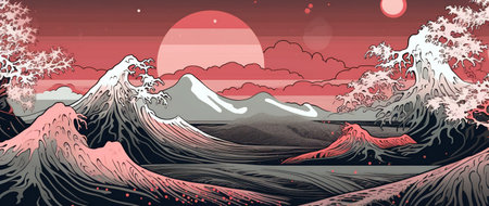 Digital minimalist illustration of waves with pink moon. Generative AIの素材