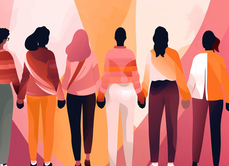 Minimalist illustration of back view of women holding hands. Sisterhood and feminism concept. Generative AI illustrationの素材