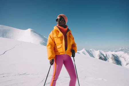 African American young woman skiing with colorful outfit. Generative AIの素材
