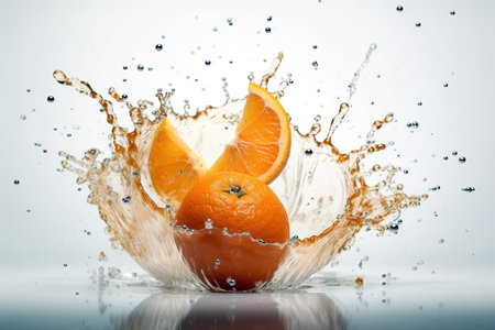 Fresh orange juice in motions suspended in air with splash of water over white background. Generative AIの素材