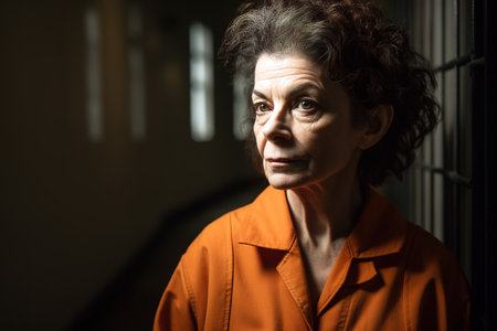 Mature woman in prison wearing traditional orange suit. Generative AIの素材