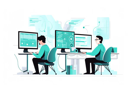 Flat design illustration of computer programmer team working in the office. Generative AI illustrationの素材