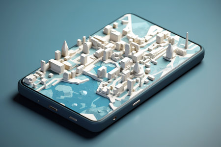 Mobile phone screen with 3D model map of a city. Generative AI illustrationの素材