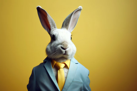 Male rabbit head over human body with fashionable suit over yellow background with copy space. Generative AIの素材