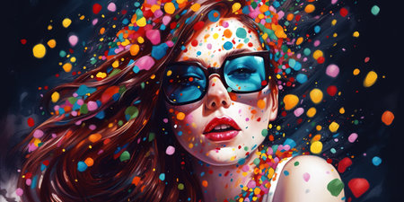 Colorful illustration banner of girl with confetti around. Generative AIの素材