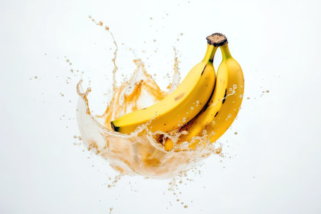 Fresh bananas in motion over splash of water and white background. Generative AIの素材