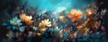 Painted flower background over blue background. Generative AIの素材