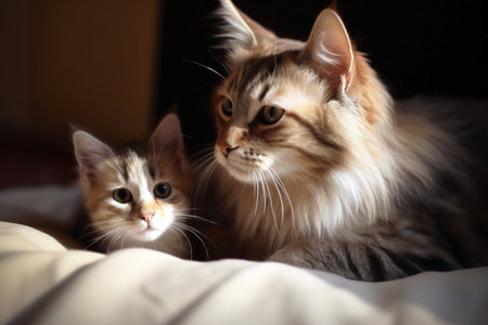 Tabby cat mom with her baby kitten. Generative AIの素材