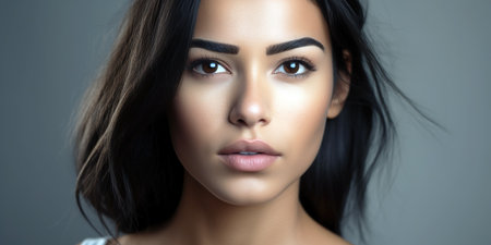 Close up head shot portrait of beautiful Latina woman. Studio shot. Generative AIの素材