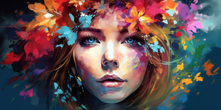 Beautiful painting of woman's face with colorful crown of flowers. Digital art banner. Generative AI illustrationの素材