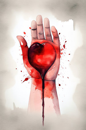 Watercolor digital illustration of blood donation concept with a hand holding a bloody heart. Generative AI vertical illustrationの素材