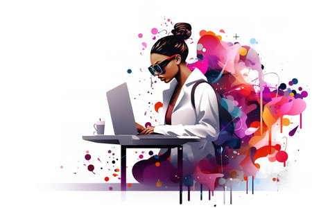 Abstract colorful illustration on female scientist working at office over white background with copy space. Generative AI digital artの素材