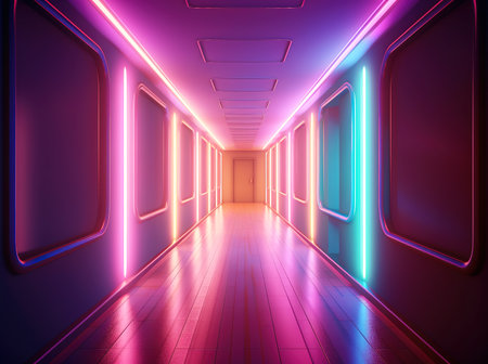 Perspective neon light hallway 3D illustration. Generative AIの素材