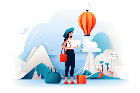 Flat design minimal illustration of woman traveling the world. Modern digital art. Generative AIの素材