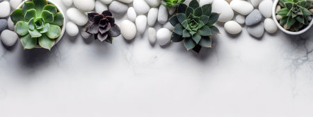 Cute succulent plants over marble white background with copy space. Generative AI illustrationの素材