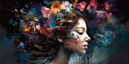 Side view of woman's face with crown of flowers. Painting style digital illustration generated by AIの素材