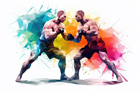 Colorful abstract illustration of two male MMA fighters over white background. Generative AIの素材