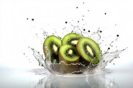 Kiwi fruit in motion suspended over splash of water over white background. Generative AI illustrationの素材