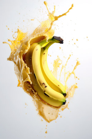 Banana suspended in air over white background. Advertisement concept. Generative AI vertical illustrationの素材