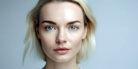 Close up portrait of young Caucasian blonde blue eyed woman. Studio shot background. Generative AIの素材