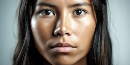Close up face shot of Indigenous native woman, looking seriously at camera. Real people concept. Generative AI portraitの素材