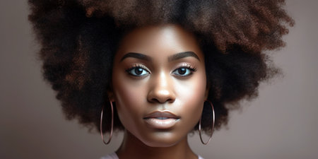 Young beautiful African American woman portrait with afro curly hair. Close up face shot. Generative AIの素材