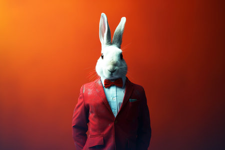 Rabbit with human body with red suit over red background. Generative AIの素材