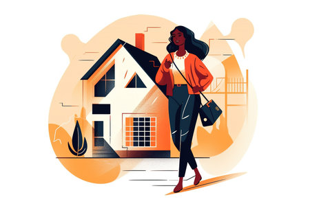 Minimalist illustration of happy woman after buying her house. Real estate concept. Generative AI illustrationの素材