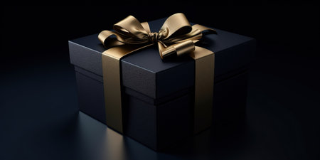 Black gift box over black background. Conceptual Black Friday banner. Generative AI illustrationの素材
