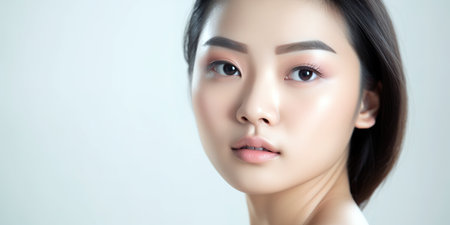 Young Asian woman with perfect smooth skin posing over white background with copy space. Close up head shot. Generative AIの素材