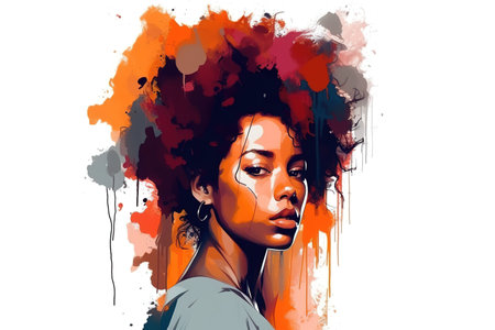 Illustration of African American young woman with splash of paint on white canvas. Generative AI illustrationの素材