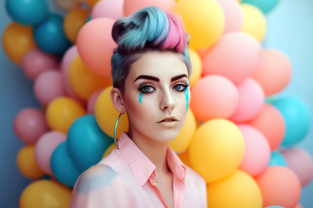 Young woman portrait with colorful make and hair style with pastel color balloons as background. Generative AIの素材