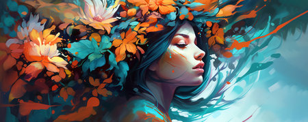 Digital painting floral portrait of woman face surrounded by flowers. Generative AI illustrationの素材