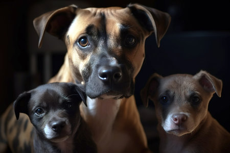 Mixed breed dog mom with her puppies looking curiously at camera. Generative AIの素材