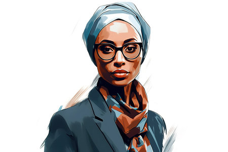 Abstract digital illustration of Muslim businesswoman over white background. Generative AI digital portraitの素材