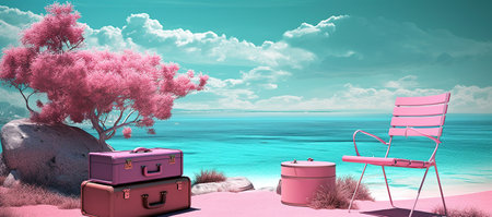 Dreamy surreal summertime vacation concept. Pink chair and suitcases by Paradise beach. Generative AI illustrationの素材