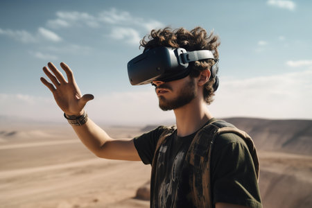 Millennial young adult man using Virtual Reality goggles in the outdoors. Generative AIの素材